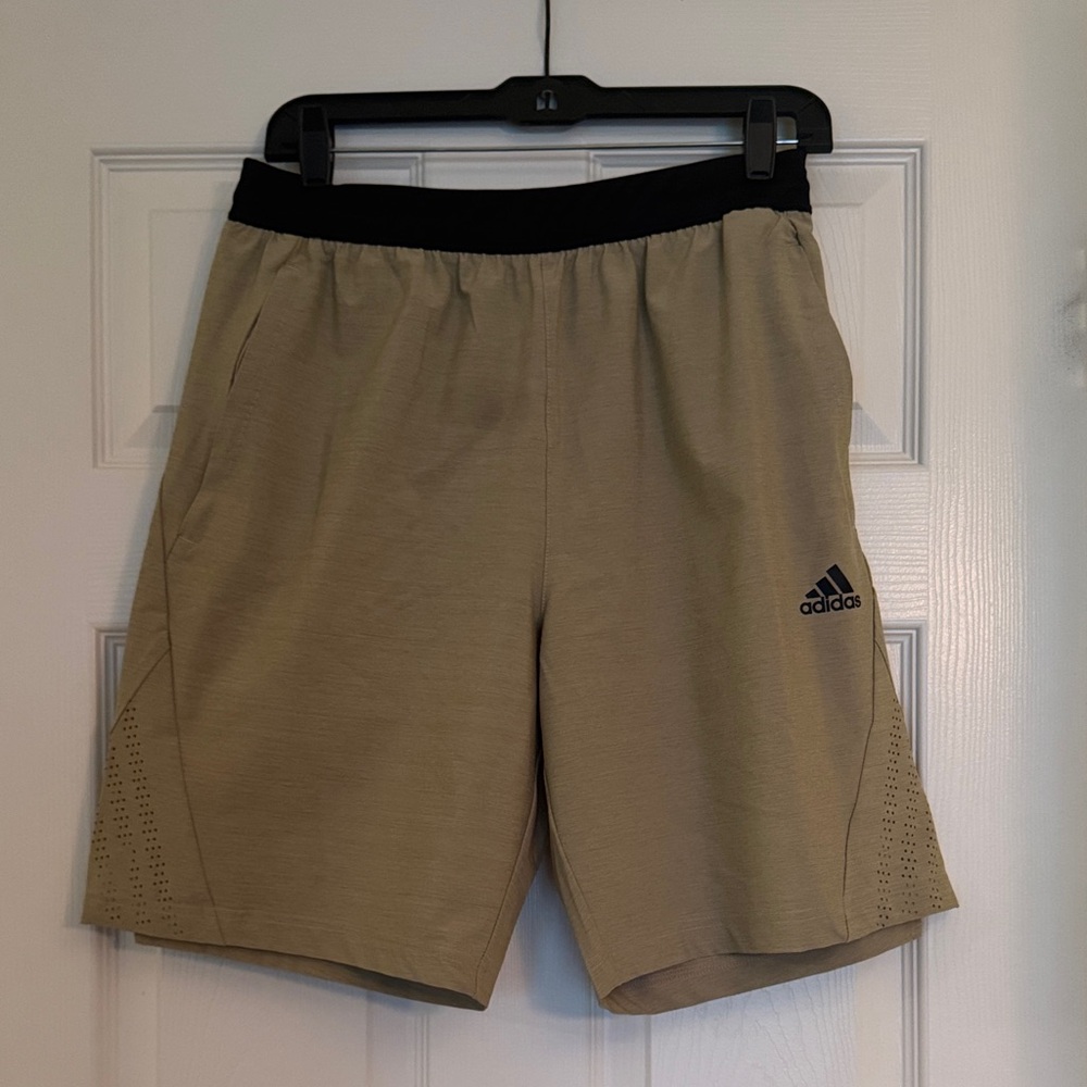 adidas Men's Tan Athletic Shorts with Black Waistband